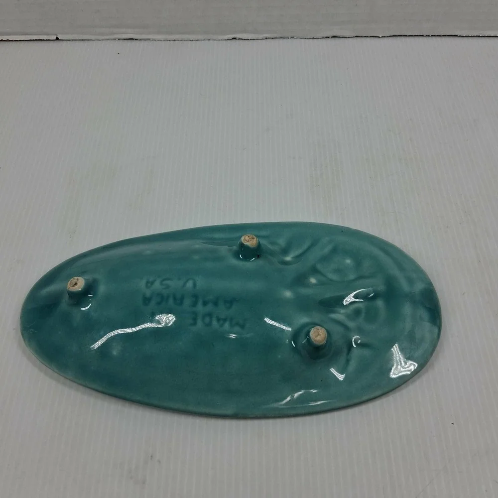 Vintage Mid Century Modern Teal Gold Celestial Moon Ceramic Trinket Dish USA